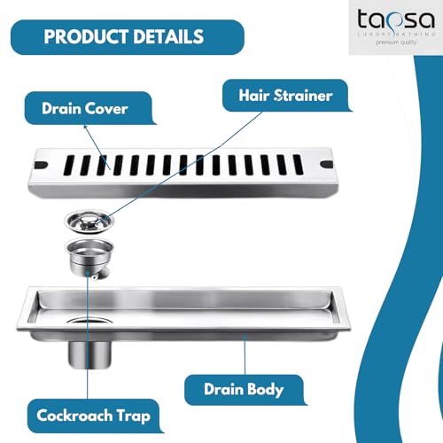 Image of Tapsa Wave Floor Drain Channel Chrome| 304 Stainless Steel | Invisible Shower Drain Channel | 16 x 4 Inches | Waste Water Floor Drain Channel | Drainer Channel | Anti Cockroach Trap | Silver