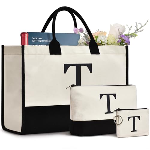 GASSDA Initial Canvas Tote Bag, Birthday Gifts For Women, Monogram Personalized Gifts For Women Mom Teachers Bridesmaids (T 3PCS)