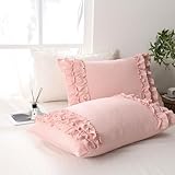 Herside Pink Ruffle Pillow Shams,Queen Size Pillowcase Set of 2,20x30 inches Standard Pillowcases,French Country Vintage Ruffled Pillowcase 2 Pack,Ultra Soft Washed Microfiber(Pink,Queen)
