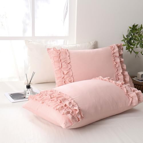 Herside Pink Ruffle Pillow Shams,Queen Size Pillowcase Set of 2,20x30 inches Standard Pillowcases,French Country Vintage Ruffled Pillowcase 2 Pack,Ultra Soft Washed Microfiber(Pink,Queen)