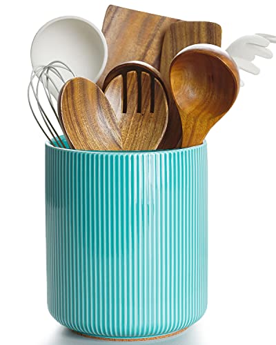 Getstar Utensil Holder, Large Kitchen Utensil Holder for Kitchen Counter (H7.2” x W6.2”), Ceramic Cooking Utensil Holder with Cork Mat, Kitchen Decor for Counter (Teal, Utensils Not Included)