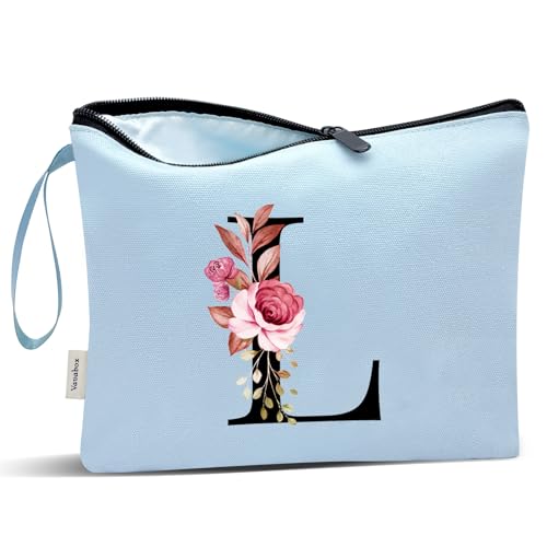 Image of Vavabox A-Z Personalized Makeup Bag, Birthday Gifts for Women Mom, Gifts for Best Friend, Bride Bridesmaid Cosmetic bag (L, Blue)