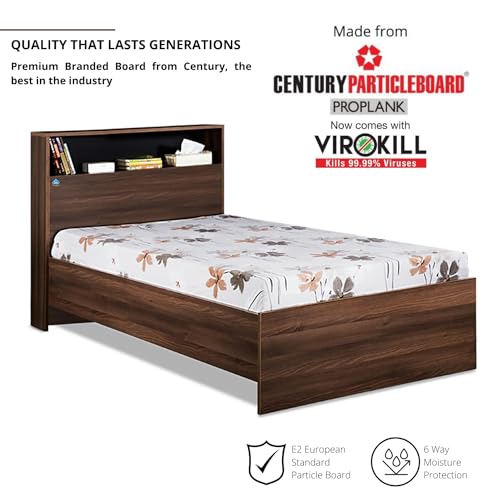 Image of DELITE KOM | 1 Year Warranty | Single Bed, Urban Engineered Wood Bed Without Box Storage & with Headboard Shelf Storage, Wooden Bed (83x37 Inches) | Installation Included | Color - Acacia Dark