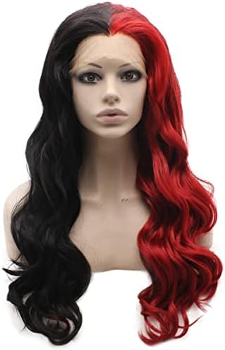 MX angel Long Wavy Half Black Red Two Tone Synthetic Lace Front Party Wig