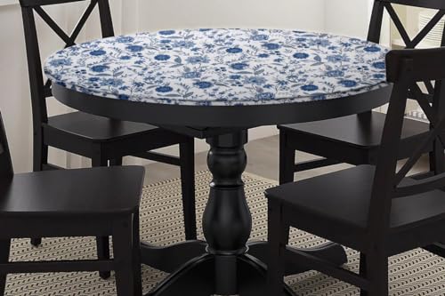 Image of The Furnishing Tree Elastic Cotton Round Dining Table Cover 36x36 in Inches Floral Blue on White Base