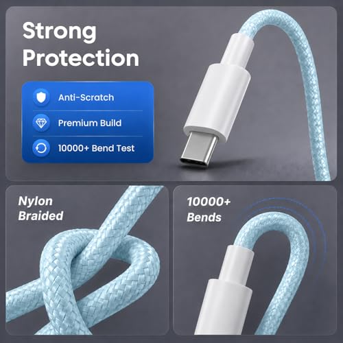 Image of Sounce 65W USB-C to USB-C Braided Cable 1.5M | PD & PPS Fast Charging & High Speed Data Sync | Tangle Free | Compatible with All Type-C Enabled Devices | Blue