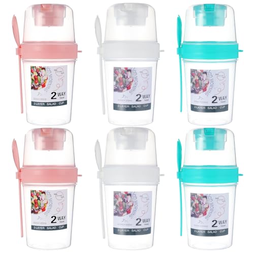 6 Pcs Salad Shaker Cup with Lids and Fork Fresh Salad Shaker Container for Lunch, Portable Breakfast Meal Vegetable and Fruits, White, Pink, Green
