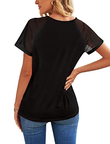 Weeso V Neck T Shirts For Women Patchwork Short Sleeve Soft Tops Basic Tees Dressy Casual L Black #TOP4