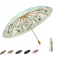 MENHLAGDI Folding umbrella for rain and sun UPF 50+ UV Protection Windproof waterproofing and Strong Travel Essentials for Men Womens Umbrella 16 Ribs Wooden Handle Flower Travel Umbrella Compact