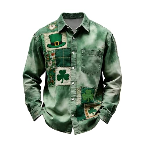 Chemise de jour St Patrick pour homme - Trèfle porte-bonheur - Chemise de loisirs - Chemise hawaïenne imprimée ample - Chemise pour homme - Drôle et festive - Chemisier tendance - Boutonné - Chemise