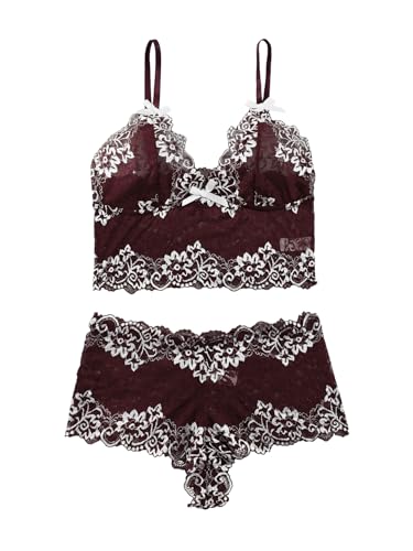 Image of Lilosy Sexy Lingerie for Women Lace Pajamas Set Cami Bra and Panty High Waist Sheer Sleepwear 2 Piece 2XS-6XL