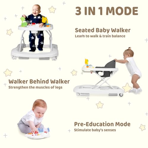 TODEFULL Foldable Baby Walker, 3 in 1 Baby Activity Center for Boys Girls, Toddler Walker w/Adjustable Height Speed, Learning-Seated & Walk-Behind, Infant Walker for 6-12 Months, Music Toys, Grey - Thumbnail 2