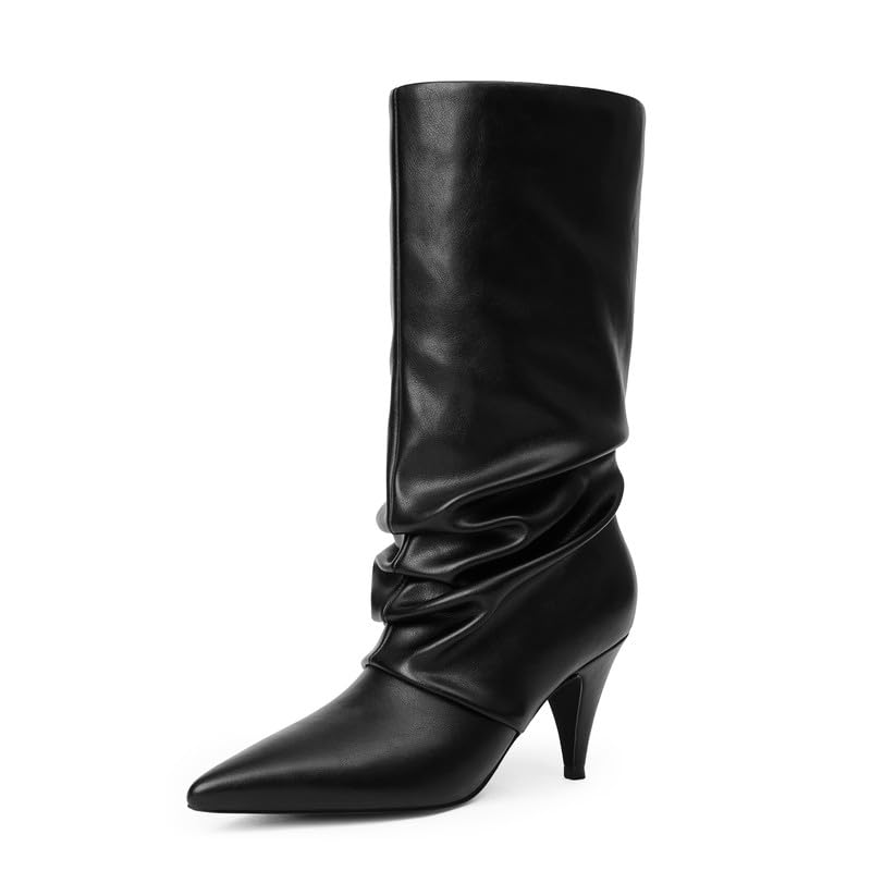 Modatope Slouchy Mid Calf Boots for Women Pointed Toe Chunky Heel Boots Faux Flod Over Slip on Womens Boots