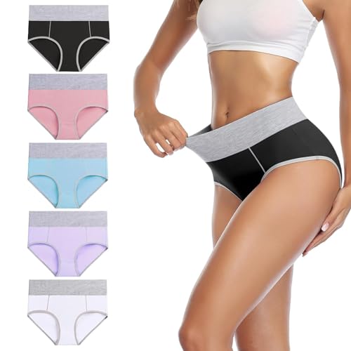POIUIYQA Bragas Talle Alto Algodón para Mujer Culotte Braguitas de Cintura Alta Cómodo 5 Packs
