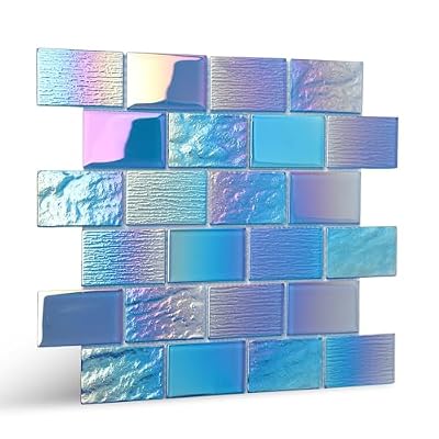 Soulscrafts Glass Mosaic Tile, Pool Tiles Glass Mosaic Backsplash 12 x 12 Inch for Swimming Pool Kitchen Bathroom, Subway, Iridescent Blue 5 Sheets