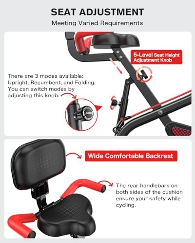 pooboo Folding Exercise Bike, Fitness Stationary Bike Machine, Upright Indoor Cycling Bike, 4-in-1 Magnetic X-Bike with 8-Level Adjustable Resistance, Bottle Holder, Arm Resistance Bands, Pulse Sensor & Back Support Cushion for Home Gym Workout (red) 6