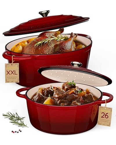 SCHMORGOLD Juego de cacerola de hierro fundido, esmaltada con tapa de 37,5 cm y olla con tapa de 26 cm, perfecta para hornear pan, guisados y asados, juego de ollas de hierro fundido para horno y todo