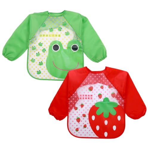 DOKRIN Baberos para alimentación de bebés, 2 baberos de manga larga para bebé monos para bebé baberos de alimentación infantil delantal impermeable para dibujar jugar y comer (rojo, verde)