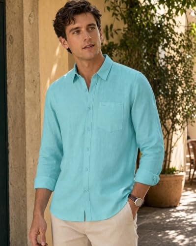 Image of Nobero Breezy Premium Linen Cotton Shirt for Men | Stylish Casual Shirts for Men | Semi Cut Collar | Box Pleat | Curved Hem | Regular Fit | Full Sleeve | S-XXXL