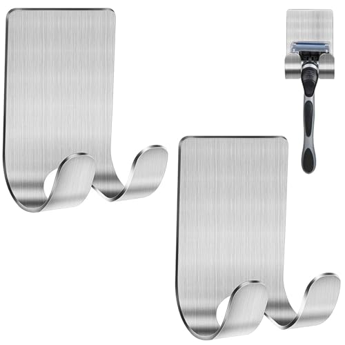 Tashce 2Pcs Razor Holder for Shower, 304 Stainless Steel Razor Stand with Strong Adhesive, Waterproof, Shower Razor Holder for Bathroom, Living Areas - No Drilling, Silver