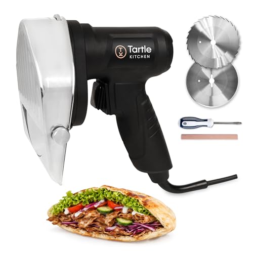TK Commercial Kebab Slicer - 120W Electric Shawarma Knife with 2 Large Stainless Steel Blades & Whetstone -Professional Handheld Gyro Meat Slicer with 0-8mm Adjustable Thickness - NSF & ETL Certified