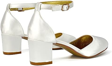 Womens Closed Toe Ankle Strap Comfort Block Low Heel Pumps Dress Party Evening Shoes (Ivory Satin, Numeric_9) | Image 1