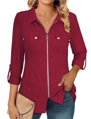 Image of Flikity Blouses for Women UK Dressy Casual Long Sleeve Shirts for Business Casual Zip Front Roll Sleeve Work Tops Professional Office Shirts Collared Elegant Formal Clothes Wine Red L