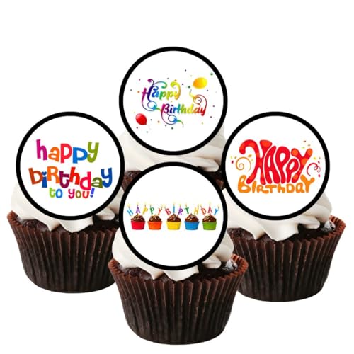 24 Happy Birthday Ediblewafer Paper Cupcake Toppers/Decorations