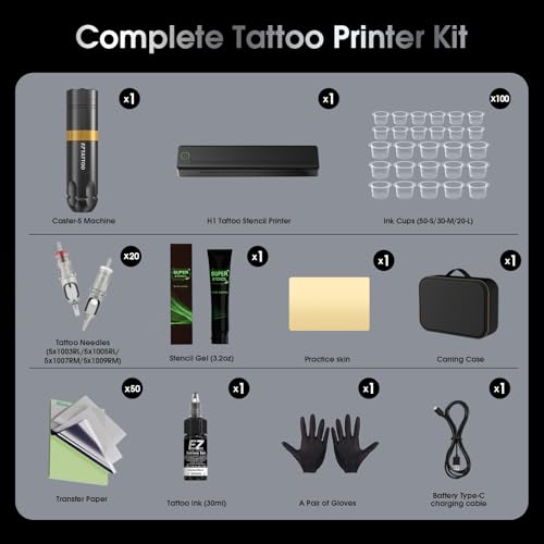 Stencil Drucker Set - Tattoo Drucker mit Kabelloser Tattoo Maschine, 20 Stück Tattoo Nadeln, 40 Stück Transferpapier und 5OZ Transfer Gel für Tattoo Anfänger und Künstler