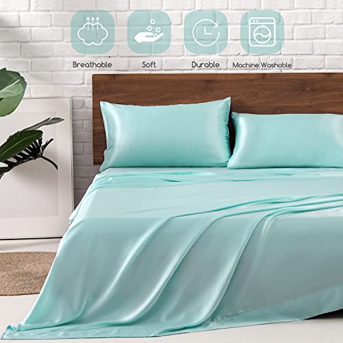 MR&HM Satin Bed Sheets, Queen Size Sheets Set, 4 Pcs Silky Bedding Set with 15 Inches Deep Pocket for Mattress (Queen, Turquoise) by MR&HM - Image 5