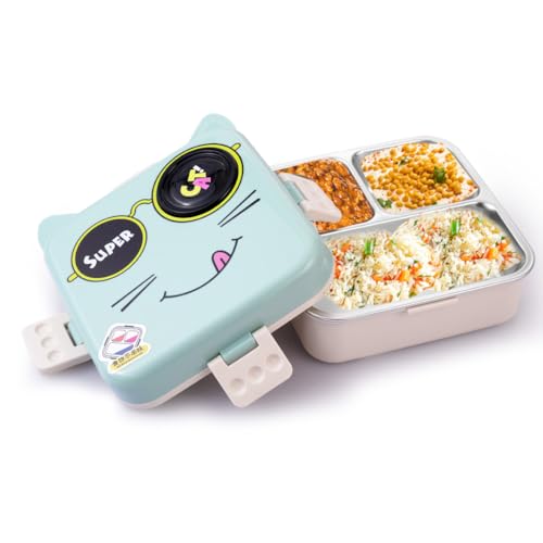 Image of ATTRO Carnival Super Cat Lunch Box 2 Layer Stainless Steel Lunch Box Comes with 1 Detachable Tray, 1 Small Container & 1 Spoon Ideal for Kids BPA Free 1120ml+70ml- Blue