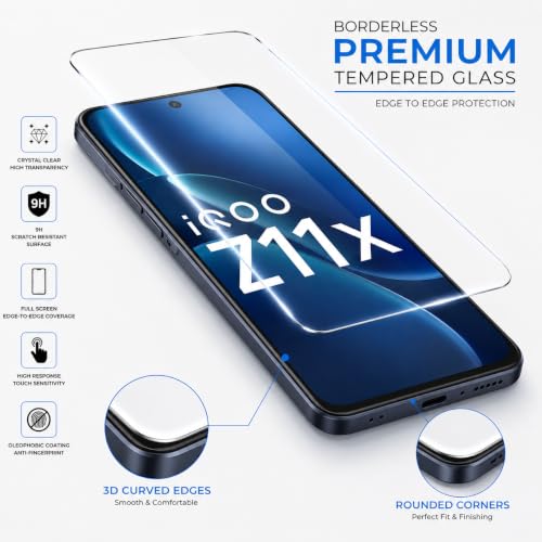 Image of ArmourPro 3D Borderless Tempered Glass for Vivo T5x and iQOO Z11x, HD Clear Curved Edge to Edge Screen Protector, 9H Hardness, Oleophobic Coating, Case Friendly | Pack of 1
