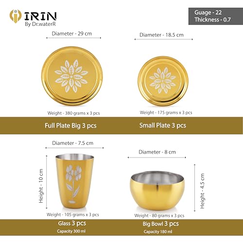 Image of iRiN by Dr.WaterR Parivar Stainless Steel Designer Dinner Set Gold PVD | Kitchen Set | Ideal for Home | Restaurant | Gifting | Wedding | Bowls, Plate, Glass, Spoon, Fork (Pack of 24pcs- for 3Person)