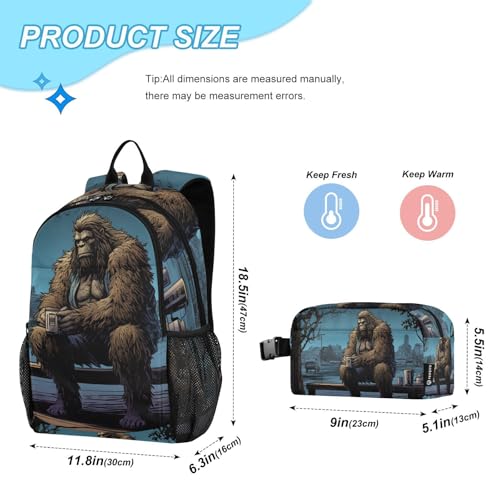Sasquatch in Park Backpack Lunch Bag Set for Travel Hiking Picnic, Backpacks with Insulated Lunch Box2