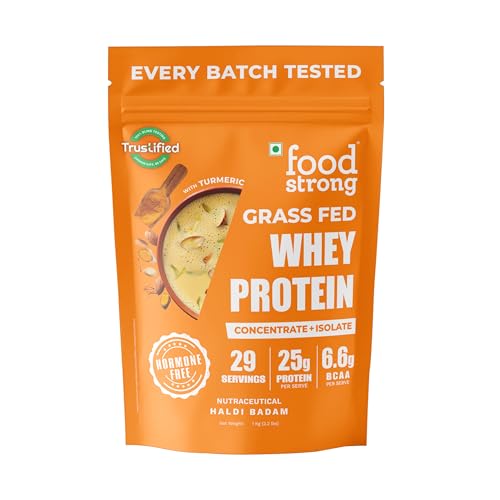 Image of Foodstrong Whey Protein Powder (Concentrate + Isolate), 100% Hormone Free Grass-Fed Whey, 25G Protein & 6.6G BCAA, Haldi Badam, With Turmeric & Digestive Enzymes, 1KG