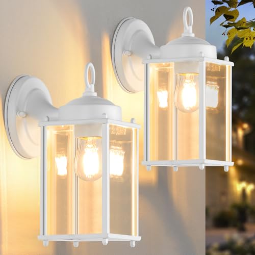 Image of MATAMEYE Large Outdoor Wall Lantern, Exterior Waterproof Wall Sconce Light Fixtures, White Front Door Lighting with Clear Beveled Glass, Anti-Rust E26 Socket Porch Lamp, 2 Pack