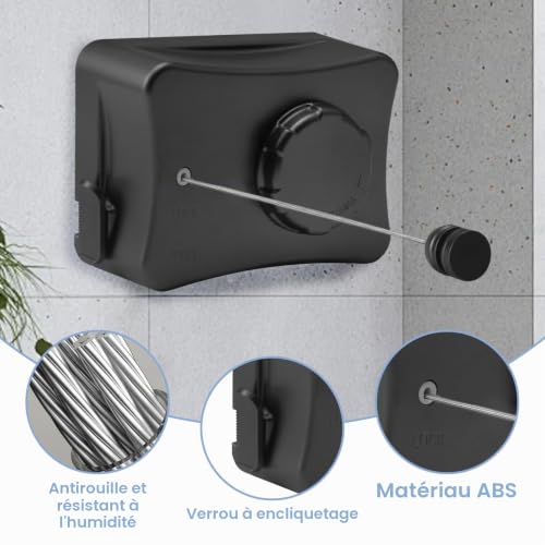 Domigard Étendoir à Linge rétractable, 5,1 m en Acier Inoxydable, pour intérieur et extérieur, Corde à Linge réglable Invisible(La Nouvelle-Noir) – vue 6