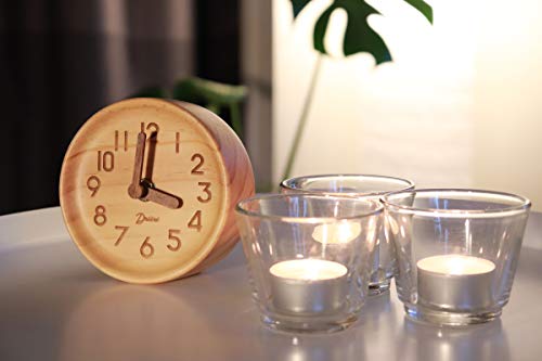 Driini Wooden Analog Desktop Clock – 4.3 in. Decorative Pinewood Clock, No-Tick Design – Easy to Read Silent Sweep Mantle Clock – Quiet Tabletop Clocks with Wood Body, Hands, & Battery Cover; Light