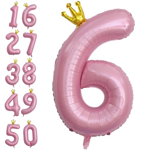 DELUXEFOX 誕生日 バルーン 数字 大きい 40インチ 6歳 誕生日 飾り付け バルーン 誕生日 数字 風船 女の子 男の子 大人 王冠付き 飾り付け 結婚式 パーティー 記念日 ウェディング (ピンク)