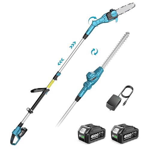 SEESII 2-in-1 Cordless Pole Saw & Hedge Trimmer Combo, 8" Electric Pole Chainsaw with 2×4.0 Ah Batteries, 16-Inch Extension Pole Hedge Trimmer, Bush Tree Pruner Limb Branch Cutter, 15ft Long Reach