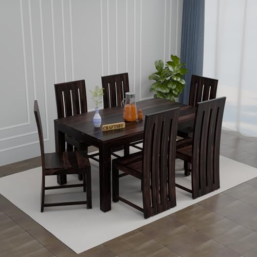 Image of 57 Inch Length Solid Sheesham Wood 6 Seater Dining Table Set | Six Seater Dinner Table with 6 High Chairs | Dinning Table Set 6 Seater for Living Room | Table & Chair,Walnut Finish