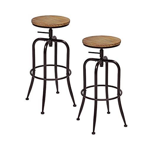 metal and wood bar stools - Philodwell Set of 2 Barstools for Kitchen Counter, Adjustable Industrial Bar Stool Set with Wood Seat, Swivel Pub Height Chairs with Metal Frame,Coffee Brown