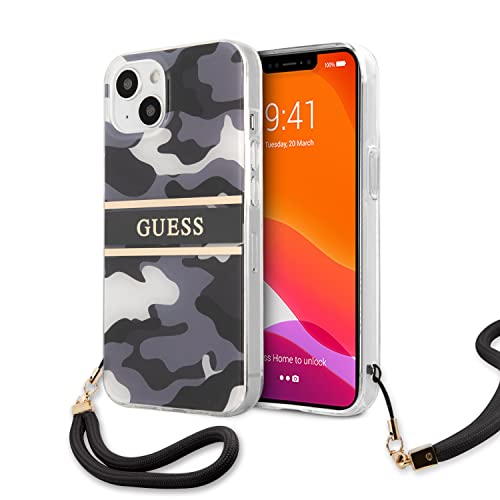 Guess Phone Coque Rigide pour iPhone 13 Motif Camouflage Noir et Rayures avec Sangle en Nylon
