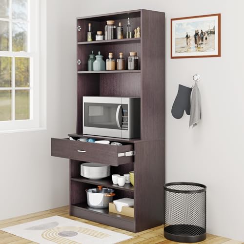 Image of VIKI Furniture | Kitchen Cabinet - Drawer with Doors & Open Shelves, Organizer for Kitchen, Bedroom, Hallway & Living Room (Dark Wenge - 40D x 80W x 180H cm) | 1 Year Warranty