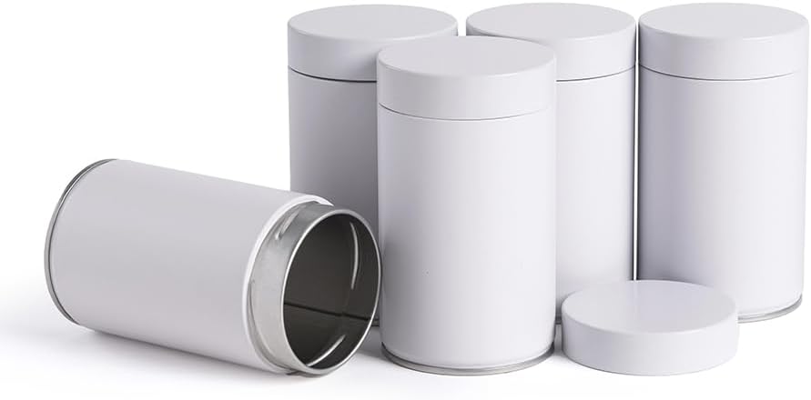 5 Pack Mini Airtight Round Metal Canisters with Screw Seal Lid, 6 oz 12 oz Empty Storage Tins for Matcha Powder, Loose Leaf Tea Spice Kitchen Organization Set (Ivory, L_2.56x4.45)