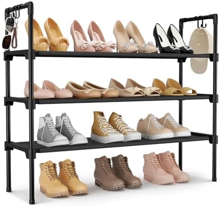 3 Tier Shoe Rack for Closet, Shoe Organizer with 5 Hooks, Long Shoe Shelf Storage for Sneaker and Boot Stackable Free Standing Shoe Rack for Entryway, Garage, Small Spaces, Dorm