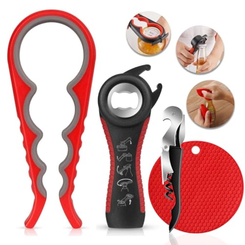Jar Opener, 5in1 Multi Function Can Opener, Beer Bottle Cap Opener, with Silicone Handle Easy to Use Lid Opener, Gripper Pad & Corkscrew Wine Opener, for Weak Hands, Seniors with Arthritis (Pack of 4)