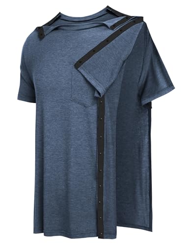 URRU Men's Post Shoulder Surgery Shirts Recovery Full Tear Away Short Sleeve Snap Chemo Shirts for Port Access2