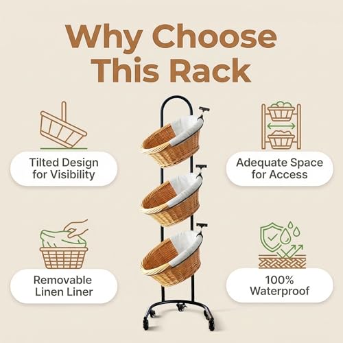 3 Tiered Retail Display Stand,Rolling Wicker Basket Stand, Farmer Market Fruit Vegetable Display Rack with Wheels & Liner, Woven Storage Cart for Retail Store, Bakery, Salon, Home Kitchen & Bathroom. by LINGXIAO - Used condition - Image 6