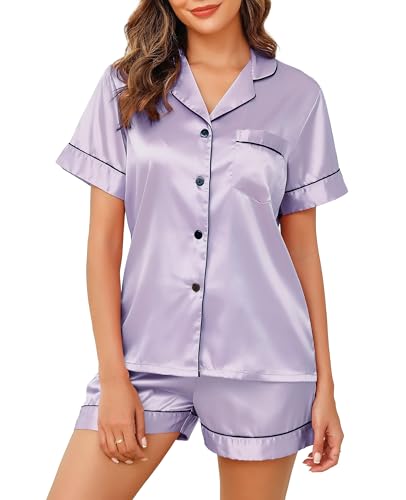 Image of Vlazom Womens Silk Pajamas, Short Sleeve Satin 2 Piece Pj Sets Button-Down Sleepwear Loungewear Pjs Shorts Set S-XXL